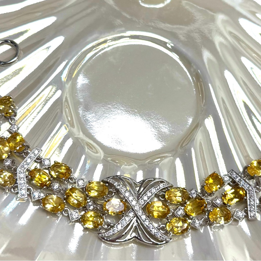 BC7 25CT Natural CITRINE ART DECO 3-Layered Bracelet Rhodium over S925